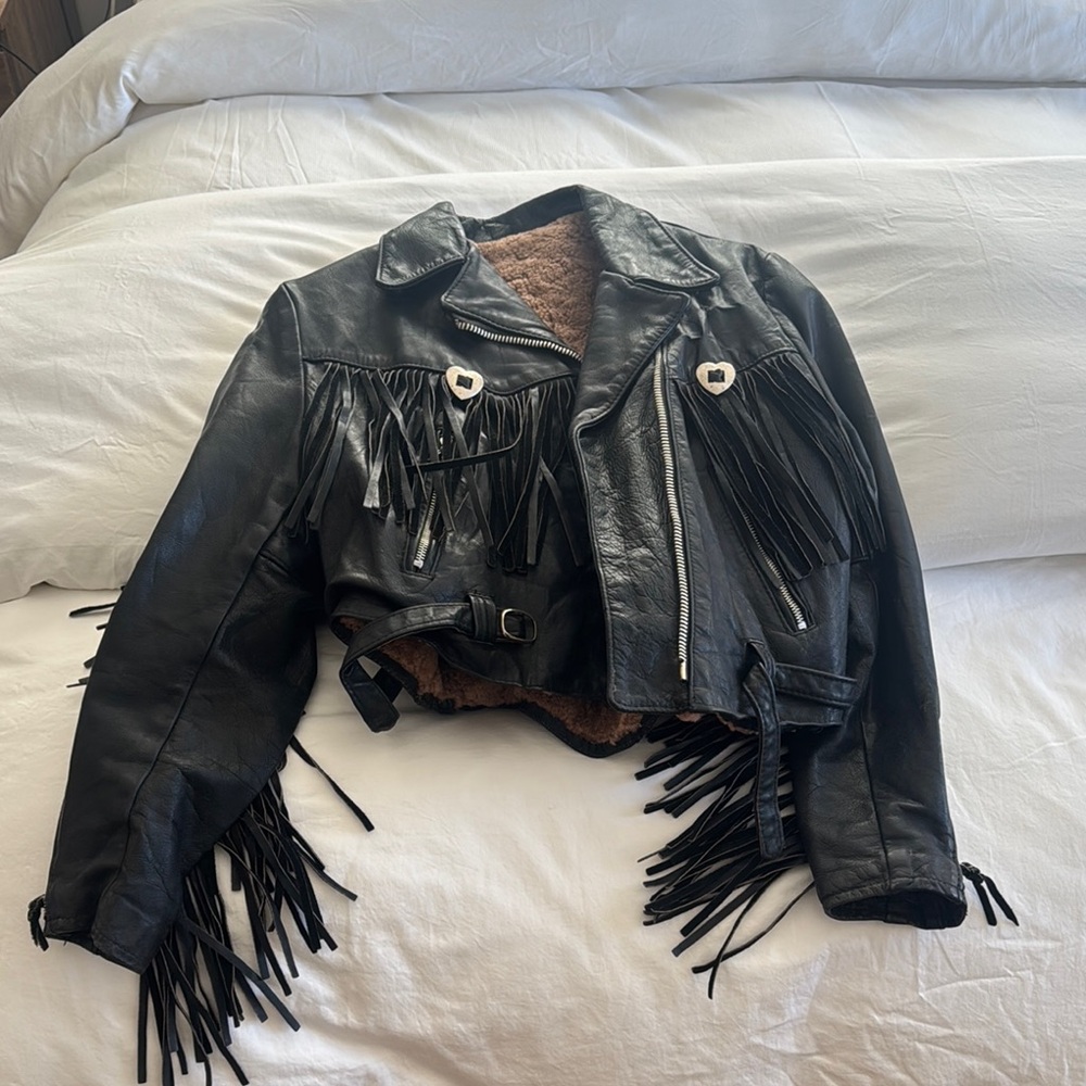 Black Leather Fringe Motorcycle Jacket - Unbranded